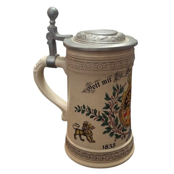 Alwe German Beer Stein Mug Pewter Lid 1835-1918 Bavaria Lion Crest Vintage - Picture 3 of 9